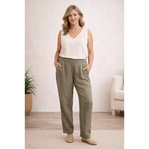 J Jill Love Linen Pants M Olive Green PullOn Stretch StraightLeg Casual Relaxed